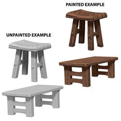 DEEP CUTS UNPAINTED MINIATURES - WOODEN TABLE AND STOOLS